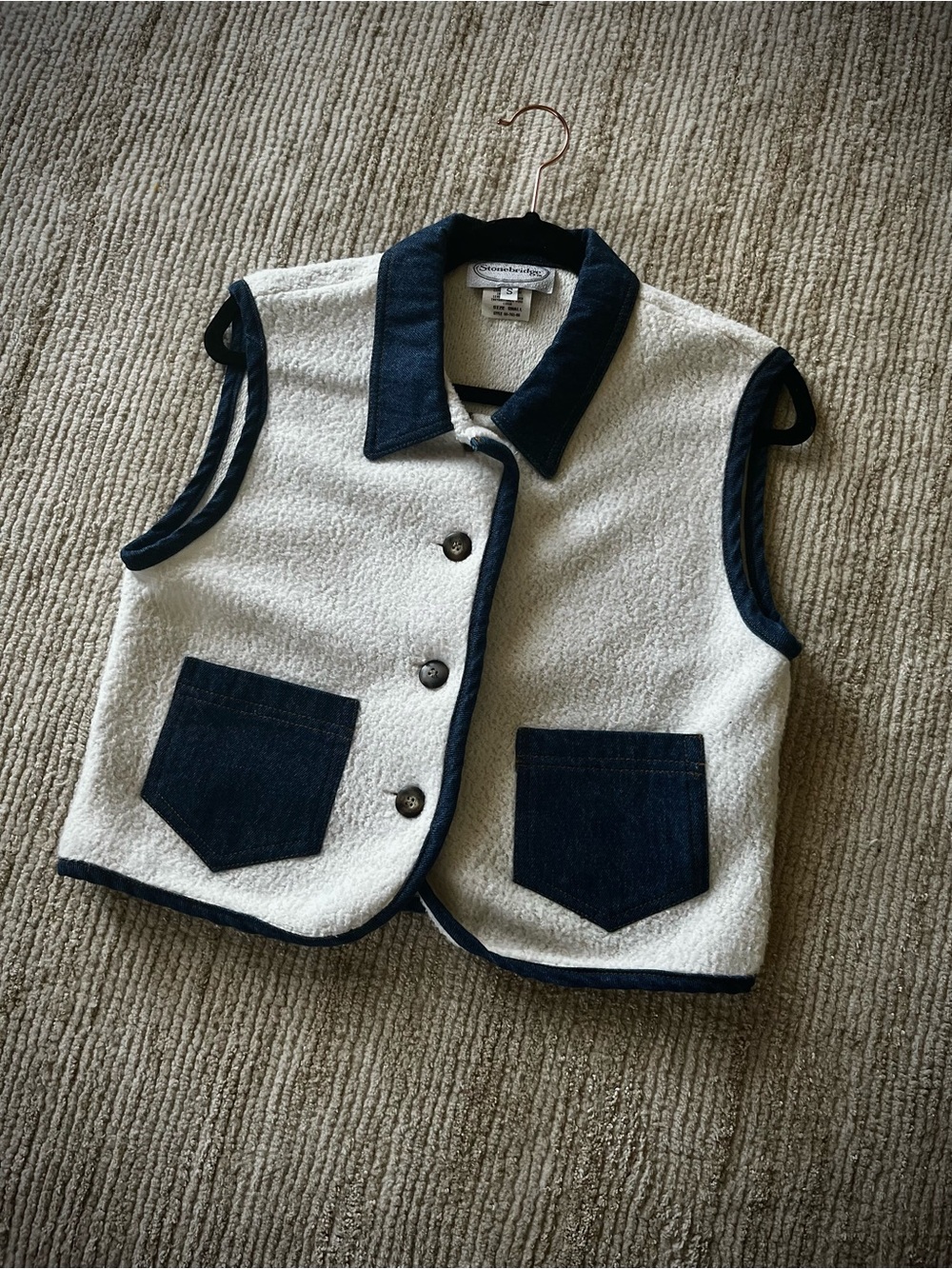 Vintage Stonebridge Cream Sherpa Button-Down Vest with Navy Trim